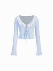 100% Cotton V-neck Pointelle Tie Front Top & High Rise Lace Trim Bowknot Flare Trousers Loungewear Set