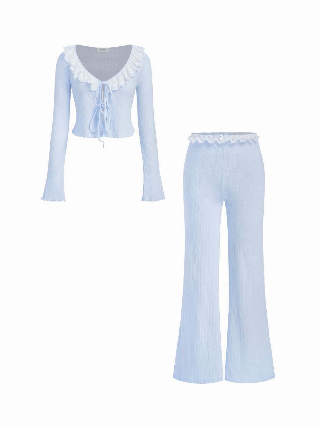 100% Cotton V-neck Pointelle Tie Front Top & High Rise Lace Trim Bowknot Flare Trousers Loungewear Set