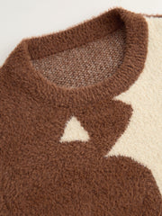 Knit Wool-blend Cow Pattern Round Neck Oversized Sweater