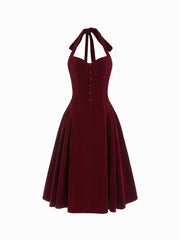 Velvet Halter Neckline Ruffle Knotted Midi Dress