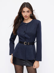 Round Neckline Metal Button Pleated Blazer With Belt