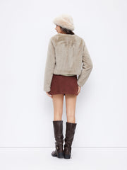 Faux Fur Round Neckline Long Sleeve Oversized Crop Jacket