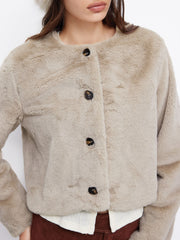 Faux Fur Round Neckline Long Sleeve Oversized Crop Jacket