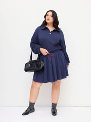 Cotton-blend Collar Slow Racing Embroidery Knotted Pleated Mini Dress Curve & Plus