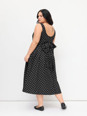 Linen-blend Boat Neck Polka Dot Backless Bowknot Midi Dress Curve & Plus