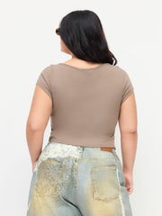 Boat Neck Short Sleeve Tie Side Asymmetrical Hem Tee Curve & Plus
