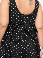 Linen-blend Boat Neck Polka Dot Backless Bowknot Midi Dress Curve & Plus