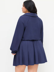 Cotton-blend Collar Slow Racing Embroidery Knotted Pleated Mini Dress Curve & Plus