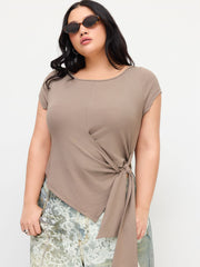 Boat Neck Short Sleeve Tie Side Asymmetrical Hem Tee Curve & Plus