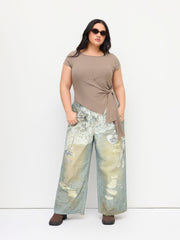 Boat Neck Short Sleeve Tie Side Asymmetrical Hem Tee Curve & Plus