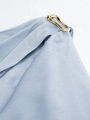 Satin Boat Neck Metal Detail Ruffle Maxi Dress