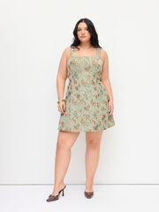 Jacquard Floral Square Neck Tie Back A-line Mini Dress Curve & Plus