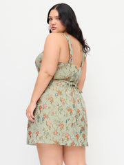 Jacquard Floral Square Neck Tie Back A-line Mini Dress Curve & Plus