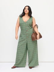 Jacquard Floral V-neck Button Wide Leg Jumpsuit Curve & Plus