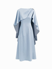 Satin Boat Neck Metal Detail Ruffle Maxi Dress