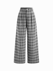 Mid Rise Plaid Pleated Wide Leg Trousers