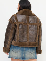 Faux Shearling Collar Zipper Oversized Jacket Curve & Plus