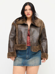 Faux Shearling Collar Zipper Oversized Jacket Curve & Plus