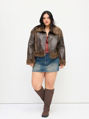 Faux Shearling Collar Zipper Oversized Jacket Curve & Plus
