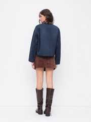 Fleece Round Neckline Floral Embroidery Toggle Button Jacket