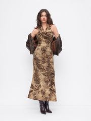 Mesh Cowl Neck Leopard Print Backless Mermaid Maxi Dress