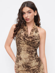 Mesh Cowl Neck Leopard Print Backless Mermaid Maxi Dress