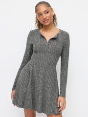 Textured Round Neckline Long Sleeve Ruffle Button Mini Dress