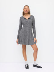Textured Round Neckline Long Sleeve Ruffle Button Mini Dress