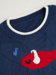 Knit Round Neckline Fish Graphic Contrasting Binding Oversized Top Curve & Plus