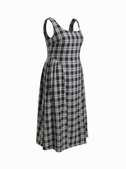 Square Neck Check Pleated Zipper Maxi Dress Curve & Plus