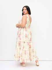 V-neck Lace Trim Floral Lace Up Tiered Maxi Dress Curve & Plus