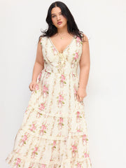 V-neck Lace Trim Floral Lace Up Tiered Maxi Dress Curve & Plus
