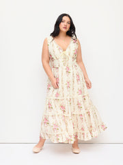 V-neck Lace Trim Floral Lace Up Tiered Maxi Dress Curve & Plus