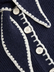 Knit Stand Collar Bowknot Contrasting Binding Long Sleeve Cardigan