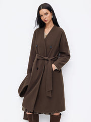 Wool-Look V-neck Double Breasted Longline Coat With Belt & Scarf