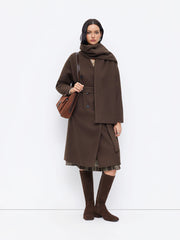 Wool-Look V-neck Double Breasted Longline Coat With Belt & Scarf