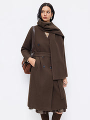 Wool-Look V-neck Double Breasted Longline Coat With Belt & Scarf