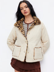 Reversible Leopard Print Collar Zip Through Puffer Jacket