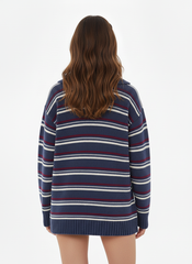 Knit Wool-blend Striped Polo Collar Oversized Sweater