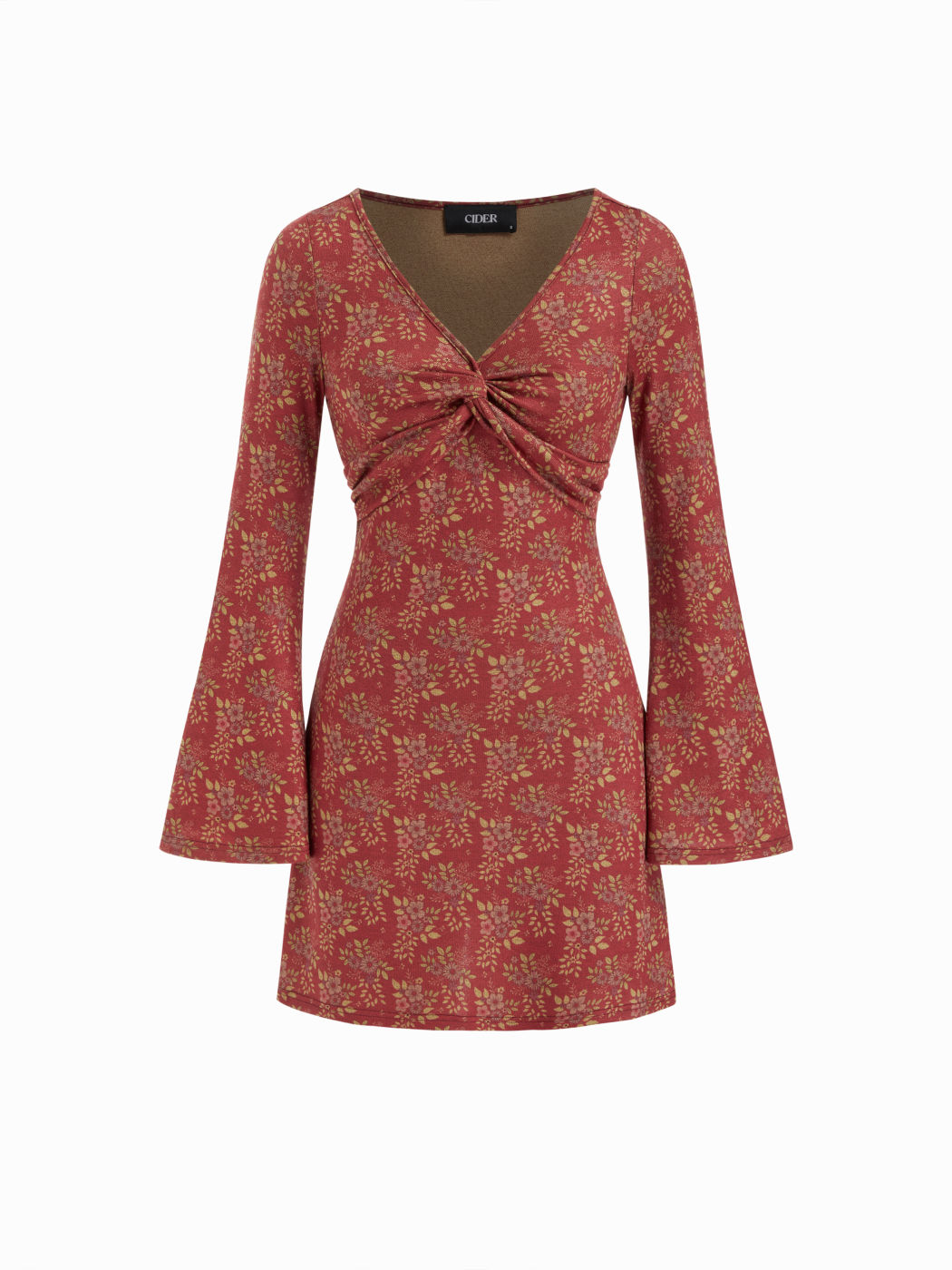 Floral V-neck Bell Sleeve Twist Mini Dress