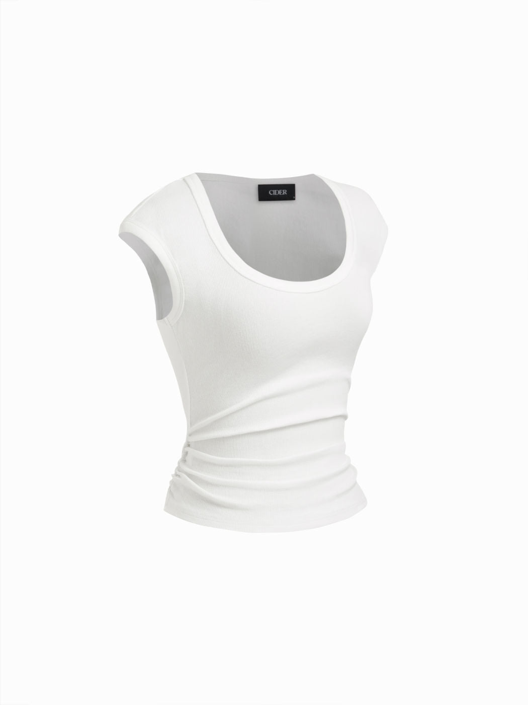 Cotton-blend U-neckline Ruched Tee