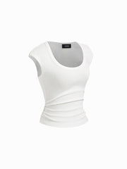Cotton-blend U-neckline Ruched Tee