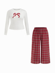 Bowknot Graphic Round Neckline Top & Plaid Mid Rise Elastic Waist Straight Leg Trousers Loungewear Set Curve & Plus