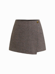 Wool-look Mid Rise Houndstooth Asymmetrical A-line Mini Skort