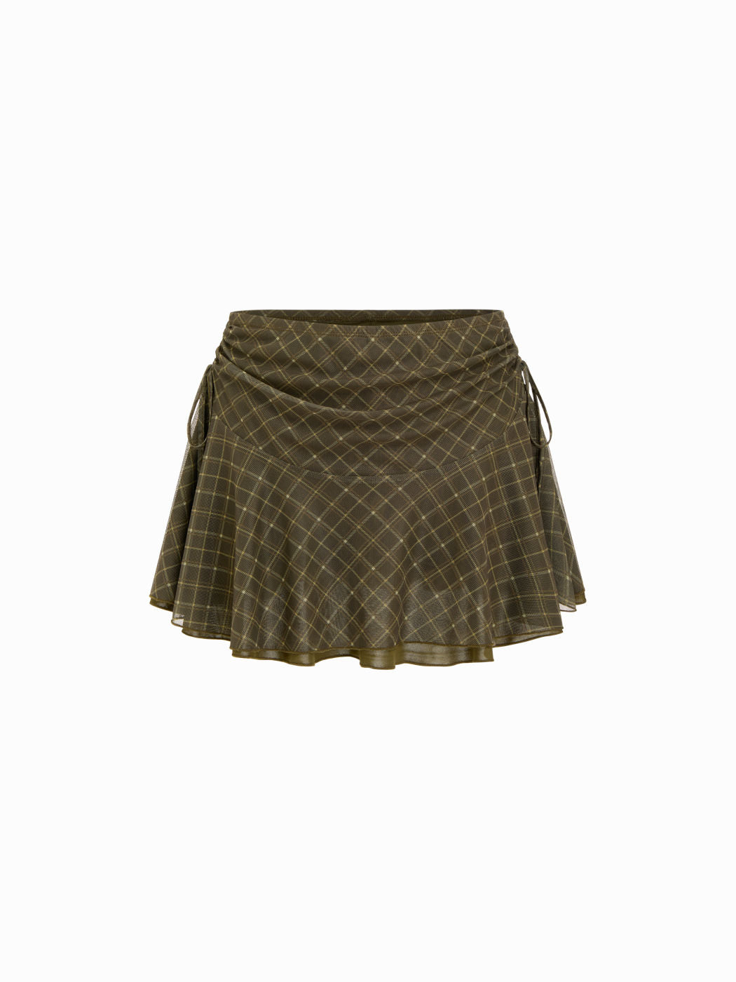 Mesh Checks Low Rise Ruched Knotted Mini Skirt