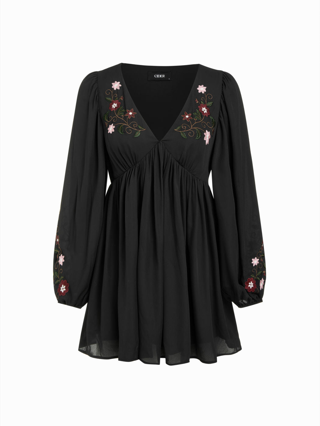 Chiffon V-Neck Floral Embroidery Ruched Lantern Sleeve Flared Mini Dress