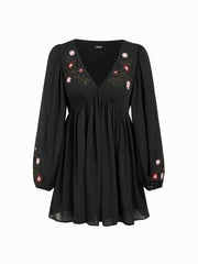 Chiffon V-Neck Floral Embroidery Ruched Lantern Sleeve Flared Mini Dress