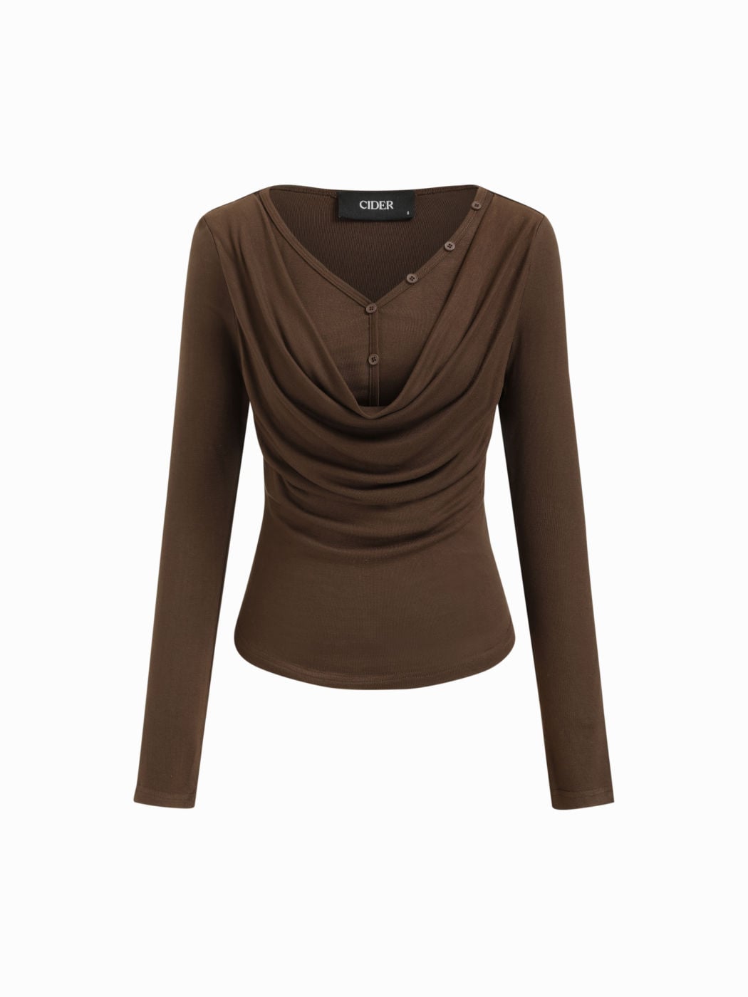 V-neck Solid Ruched Draped Cinched Waist Long Sleeve Tee