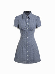 100% Cotton Shirred Collar Short Sleeve Checks Mini Dress