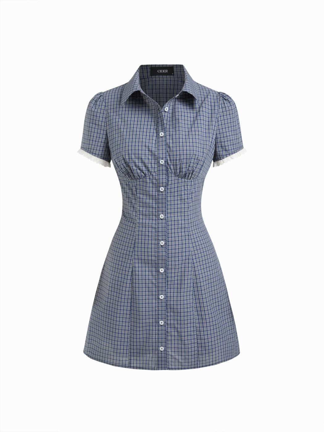 100% Cotton Shirred Collar Short Sleeve Checks Mini Dress
